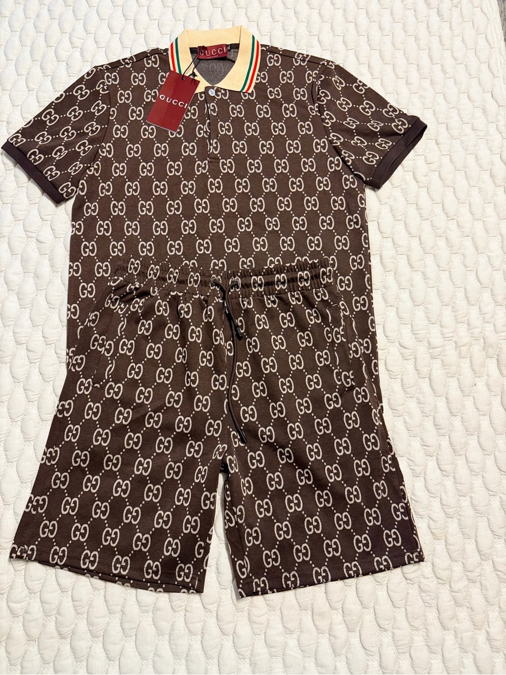 Gucci Brown GG Logo Polo Romper with Striped Collar